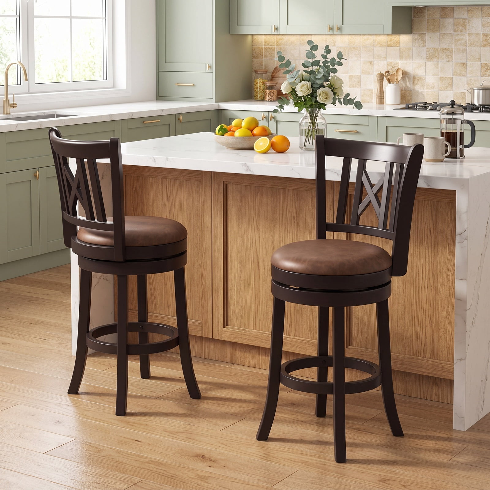 Furnibear Set of 2 Swivel Bar Stools with Footrest and Hollowed Backrest 26 Inch for Kitchen