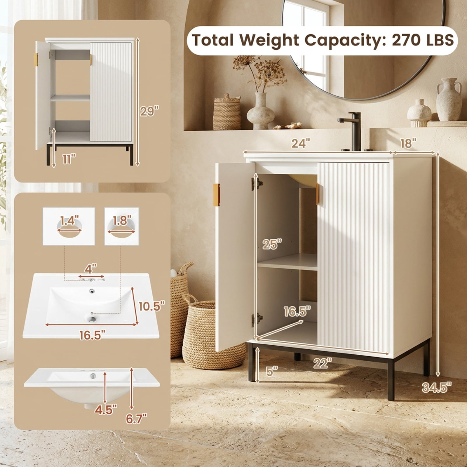 Vebreda Freestanding Bathroom Storage Cabinet, 24 Inch Bathroom Vanity with Sink Combo and Adjustable Shelf, One-piece Ceramic Sink
