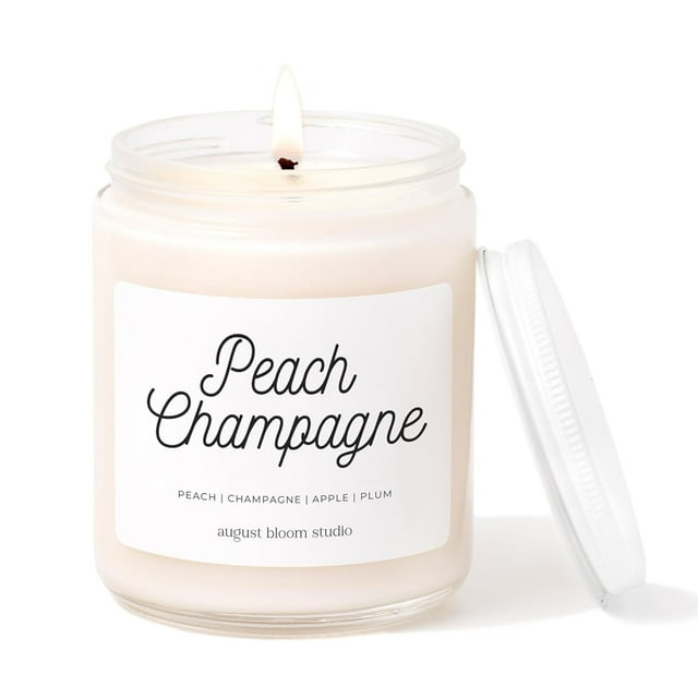 Kim and Pom Peach Champagne Scented Candle, Valentine's Day Gift for Her | Non Toxic Eco friendly Candle | 100% Soy Wax | All Natural Vegan Birthday Gift for Girlfriend