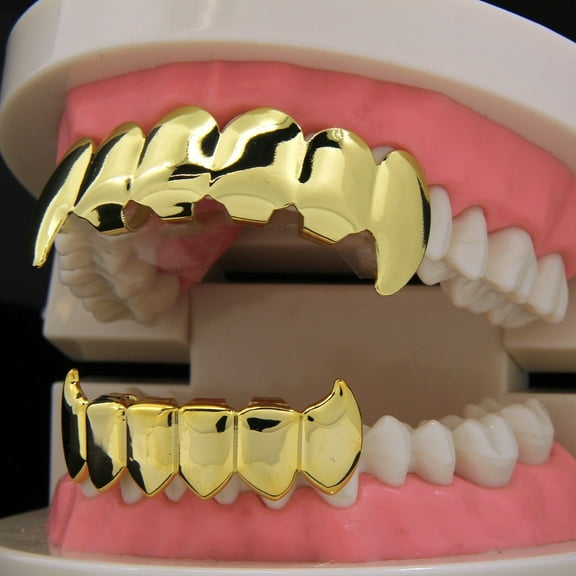 Vampire Teeth Fang Grillz 18K Gold Plated Hip Hop Fangs Top Bottom Teeth Grills for Your Teeth Set for Men and Women