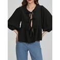 thumbnail image 5 of Mevireiy Tie Front Tops for Women, 3/4 Length Puff Sleeve Y2K Peplum Babydoll Going Out Blouse Tops, Black, S, 5 of 8