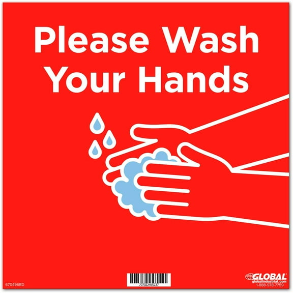 Global Industrial 12"" Square Please Wash Your Hands Wall Sign Red Adhesive