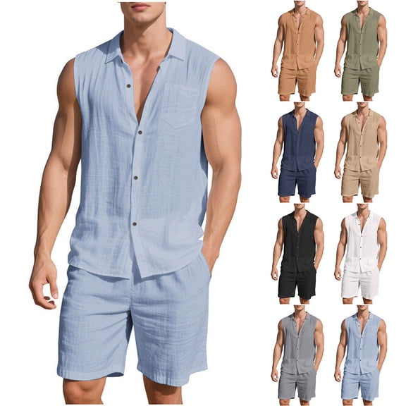 FRSASU Men's Cotton Linen Sets 2 Piece Outfits Button Down Tank Tops Summer Beach Casual Short Sleeve Hippie Shirts Matching Shorts Set Yellow
