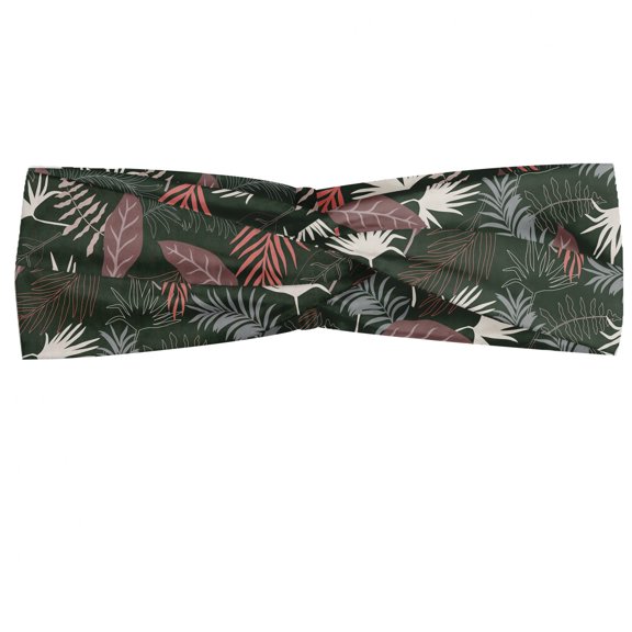 Tropical Headband, Exotic Leafage Branches of Island Palm Leaves Foliage in Earth Tones, Elastic and Soft Women's Bandana for Sports and Everyday Use, Grey Red Coconut, by Ambesonne
