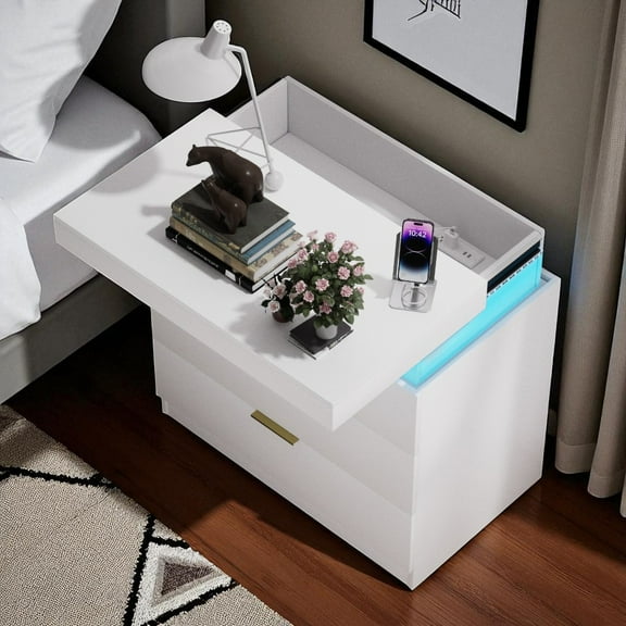 GZXS Modern Nightstand with Sliding Top, Hidden Charging Station, RGB LED Lights & 3 Storage Drawers, Bedside Table for Bedroom or Living Room, White
