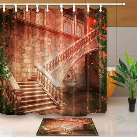 ARTJIA Gothic Decor Western Retro Palace Stairs Surrounded By Flowers Shower Curtain 66x72 inches with Floor Doormat Bath Rugs 15.7x23.6