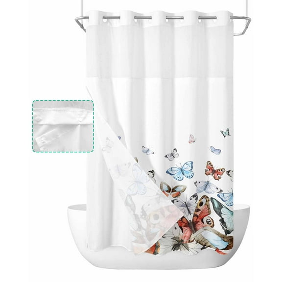 No Hook Shower Curtain with Snap in Liner, Rustic Farm Brown Blue Gradient Butterfly Hotel Shower Curtains for Bathroom, Washable Shower Curtain Liner Set with Mesh Top Window, 36"x72"