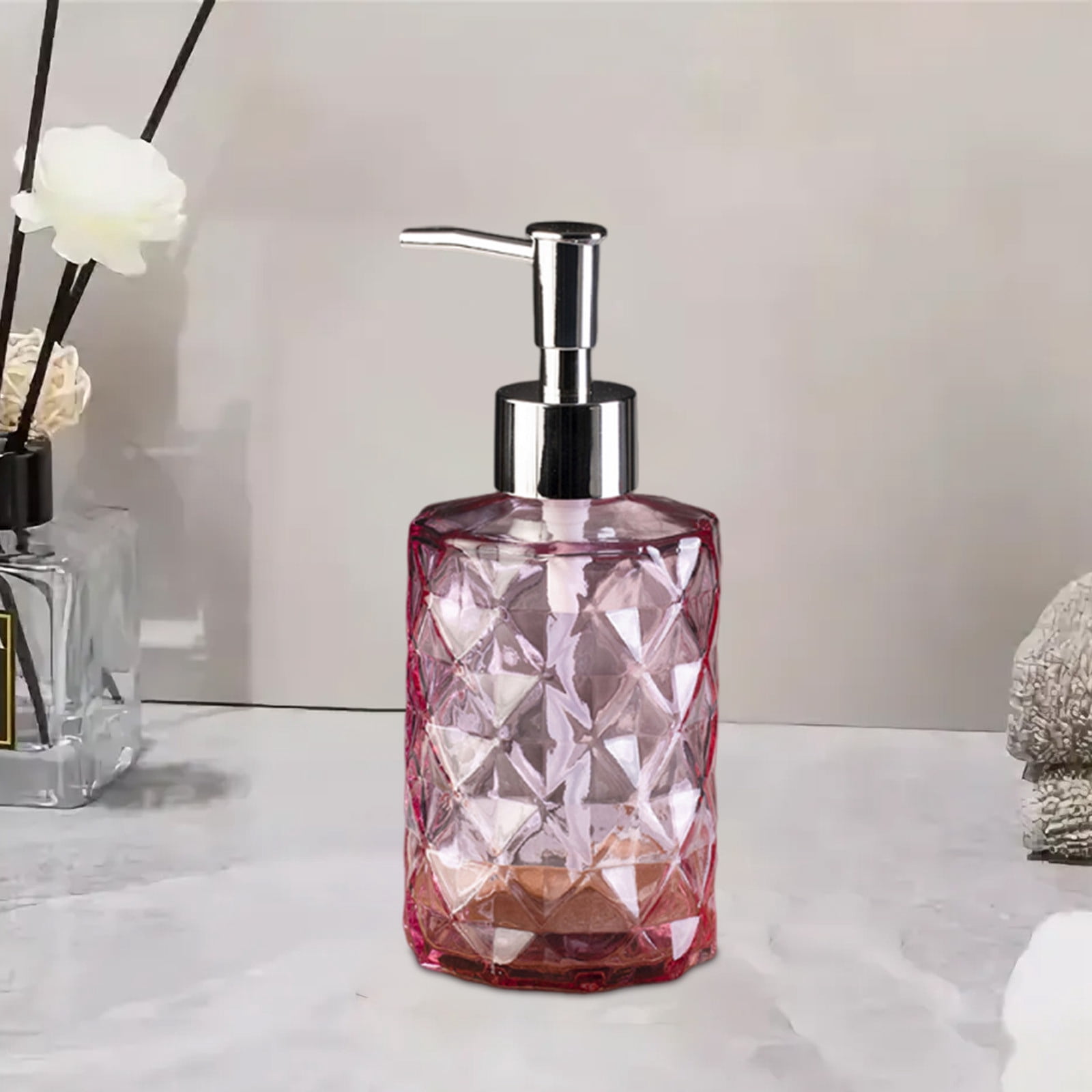 YiJuHui 4pcs Refillable Glass Soap Dispenser Pump Bottle with Diamond Pattern Design for Kitchen and Bathroom Decor