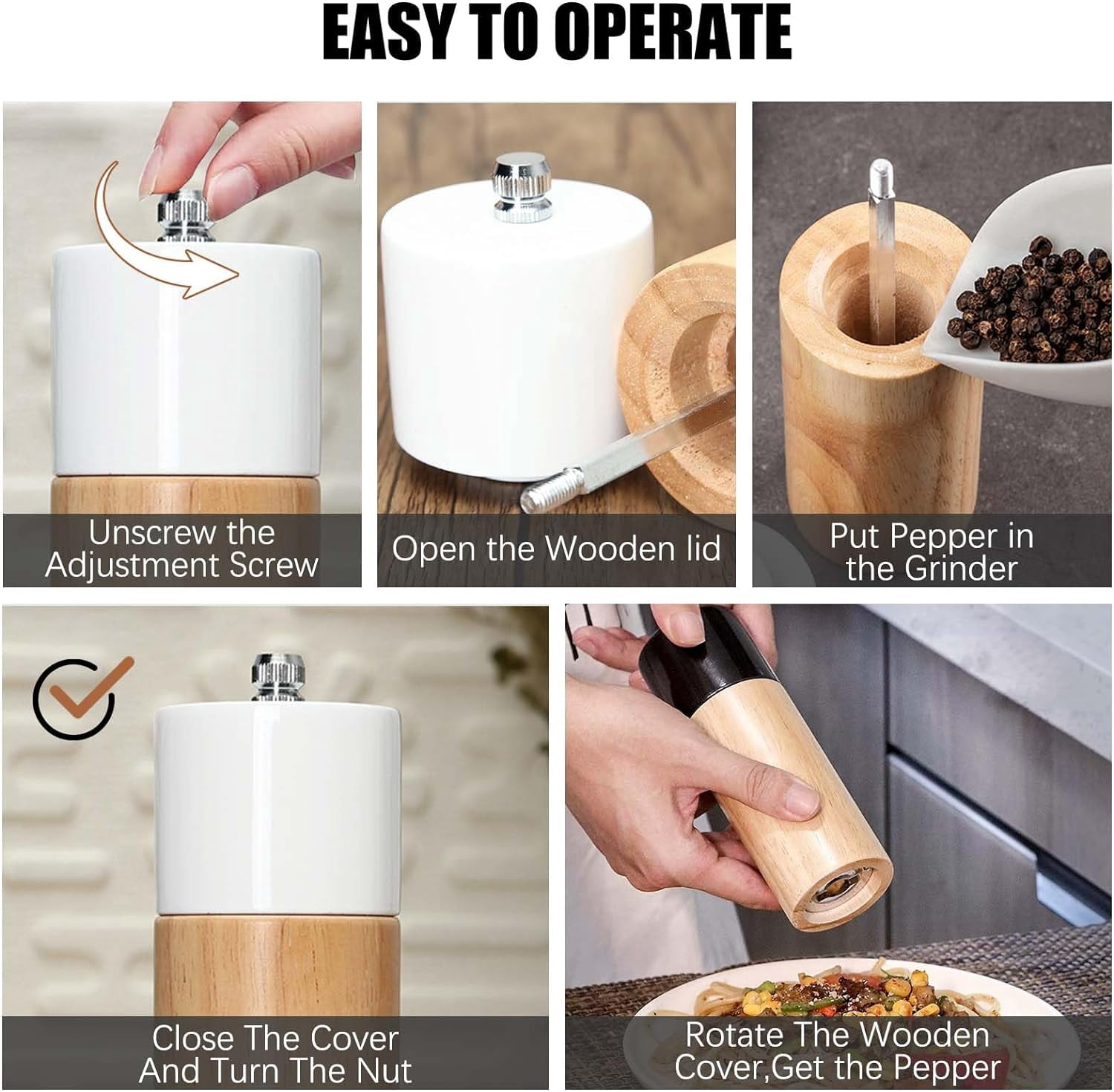 2 Pack Salt and Pepper Mill Set, Wooden Pepper Grinder Salt Shaker with Adjustable Ceramic Rotor, Manual Pepper Mills Grinders Refillable for Spice/Chili/Sesame, (Black+White)