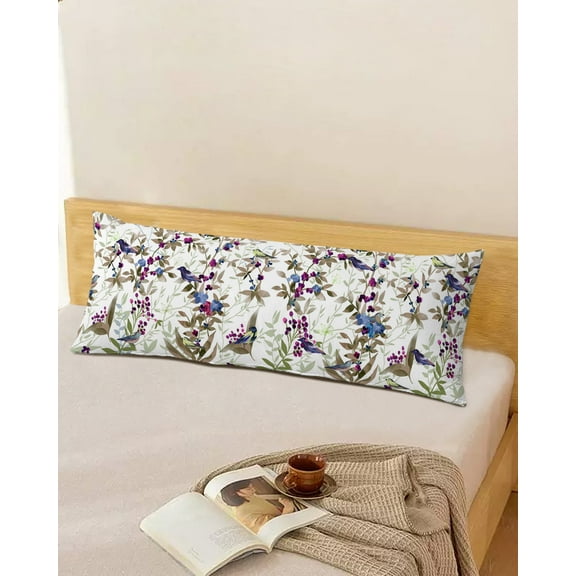 Seasonal Botanical Throw Pillow Cover, Birds Leaves Flowers Printed Rectangle Decorative Pillow Case Protector Soft Cushion Cover Lumbar Pillowcase for Couch Sofa Bedroom Car Chair Decor 20x54 Inch