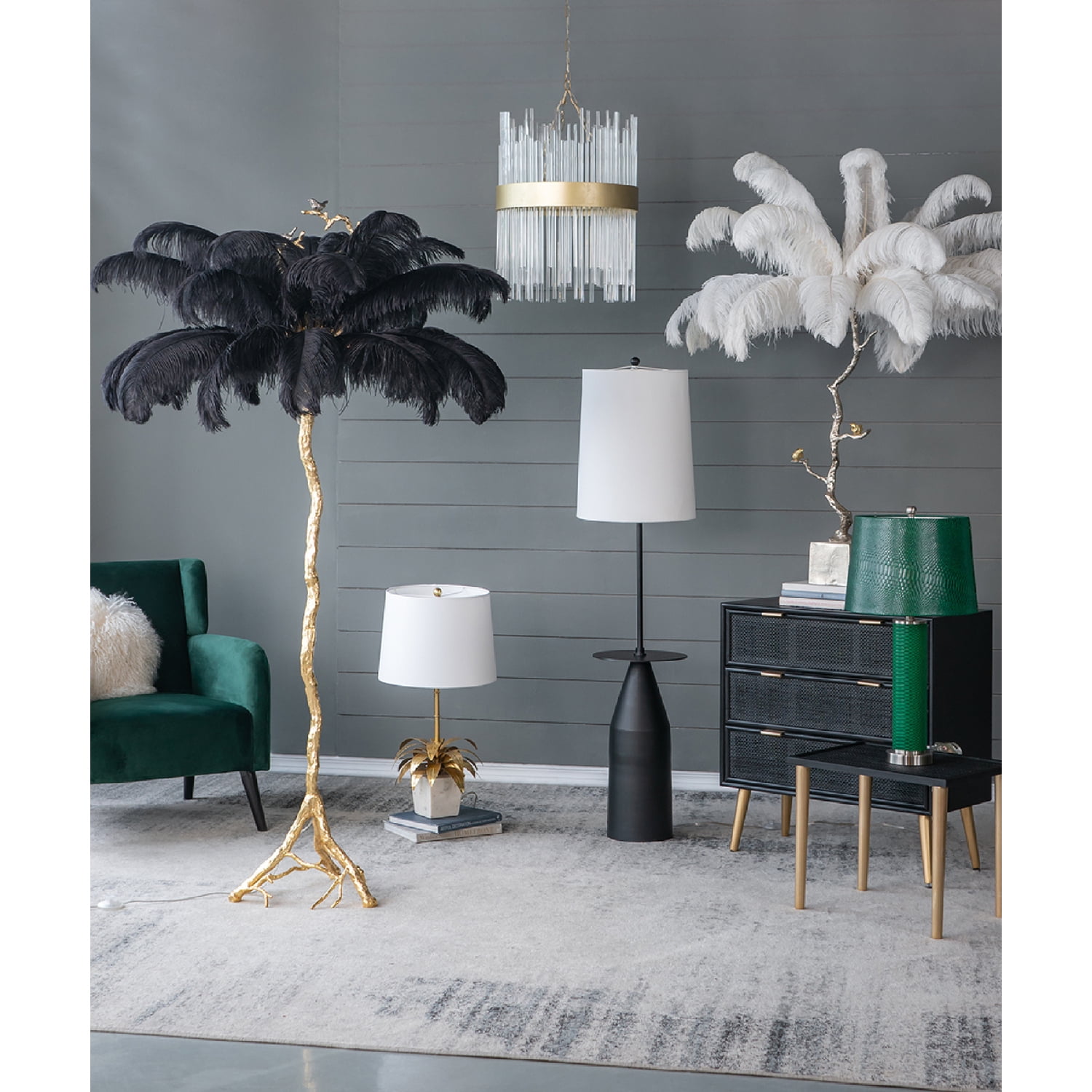 Feather Floor Lamp - Elegant Black Gold Lamp - Rococo Style Lighting for Living Room Bedroom