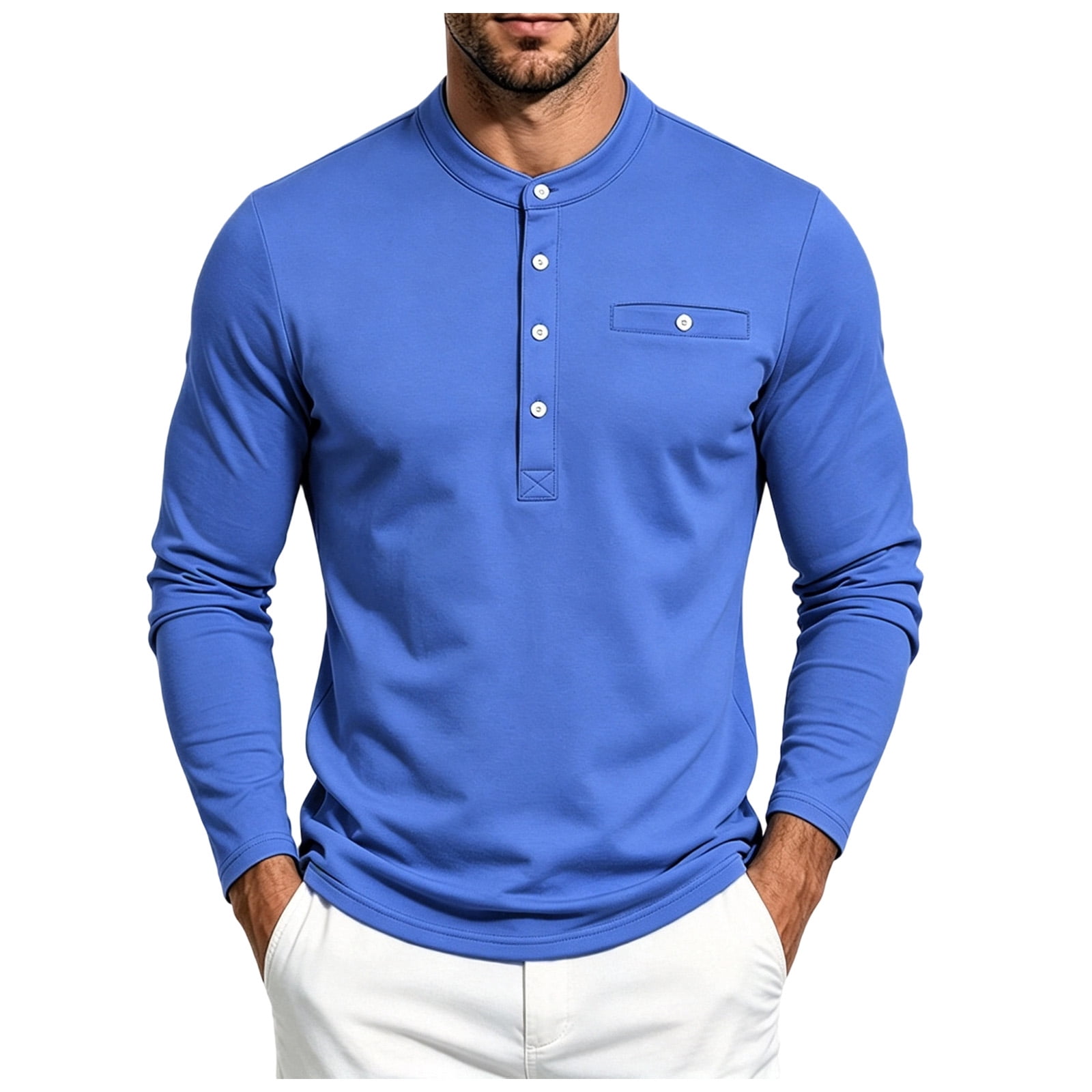 GEWSEY Henley Shirts for Men Long Sleeve Lightweight Casual Basic Tee Crewneck Soft T-Shirt Big and Tall with Pocket (Light Blue 3XL)