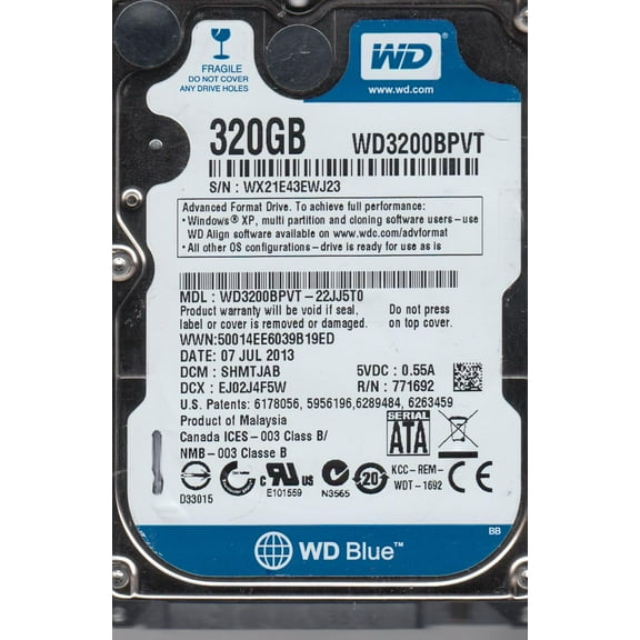WD3200BPVT-22JJ5T0, DCM SHMTJAB, Western Digital 320GB SATA 2.5 Hard Drive