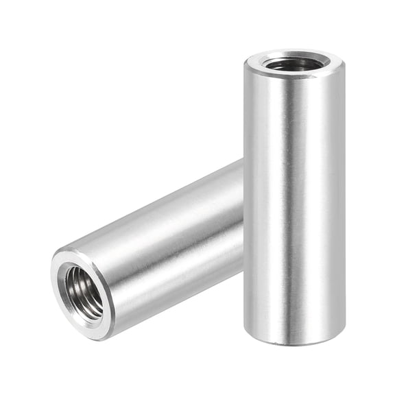 Uxcell M10x1.25mm Pitch 304 Stainless Steel Round Coupling Nuts, 2 Pcs 45mm / 1.77" Length Metric Fine Thread Connector Sleeve Rod Bar Stud Fully Threaded Nut Fasteners, Silver Tone
