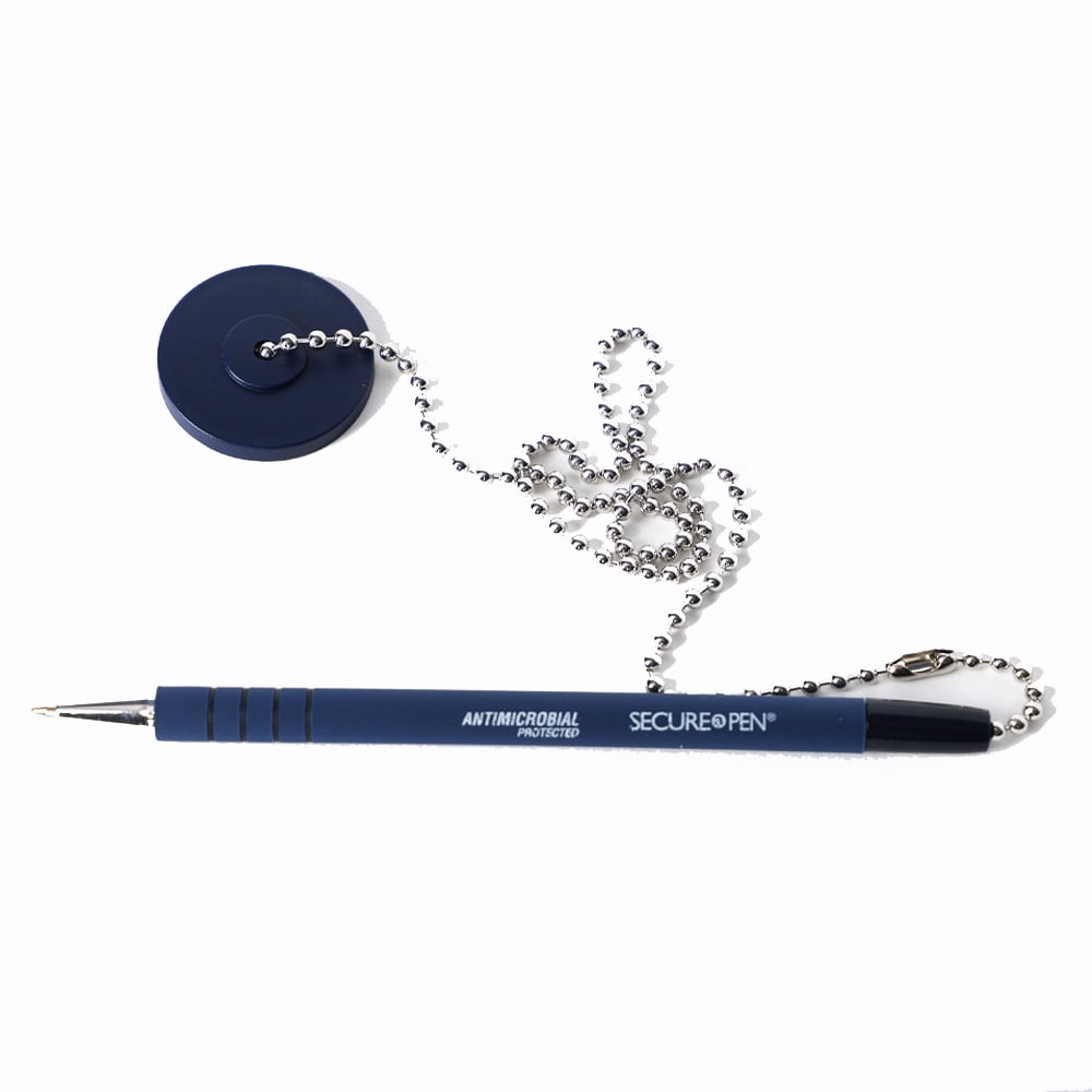 Security Pen - Blue Ink - Pack of 12 - Secure Pen with Adhesive Base and Chain - Desktop Pens - Ballpoint Pen with Medium Point
