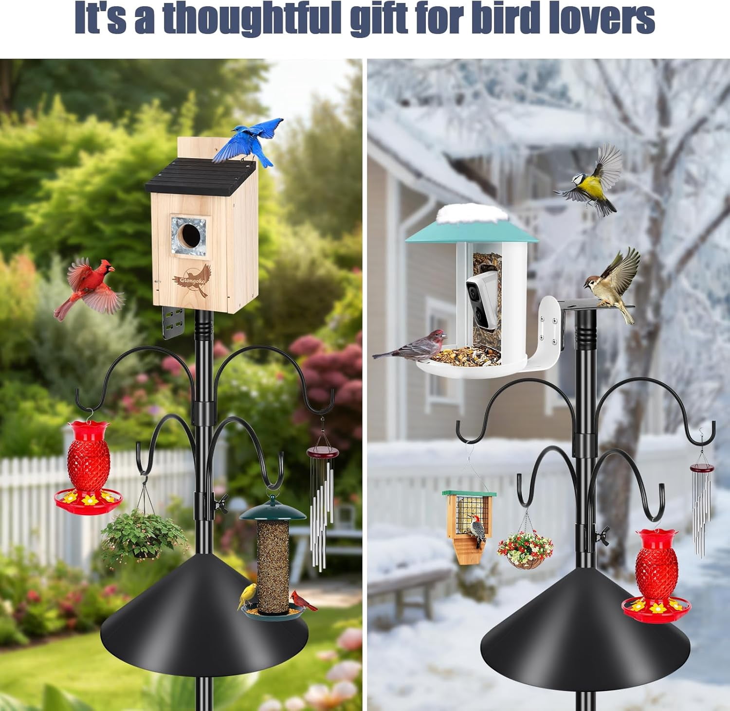 Smart Bird Feeder Pole Squirrel Proof 1-Inch Dia 94 Inch with 4 Shepherds Hooks Hanging Bluebird House Pole for Outdoors Squirrel Baffles for Feeders Metal Heavy Duty Mounting Kit