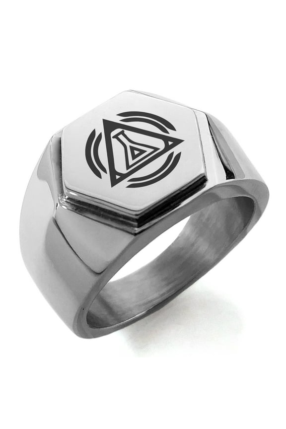 Stainless Steel Alchemy Magic Rune Engraved Hexagon Crest Flat Top Biker Style Polished Ring
