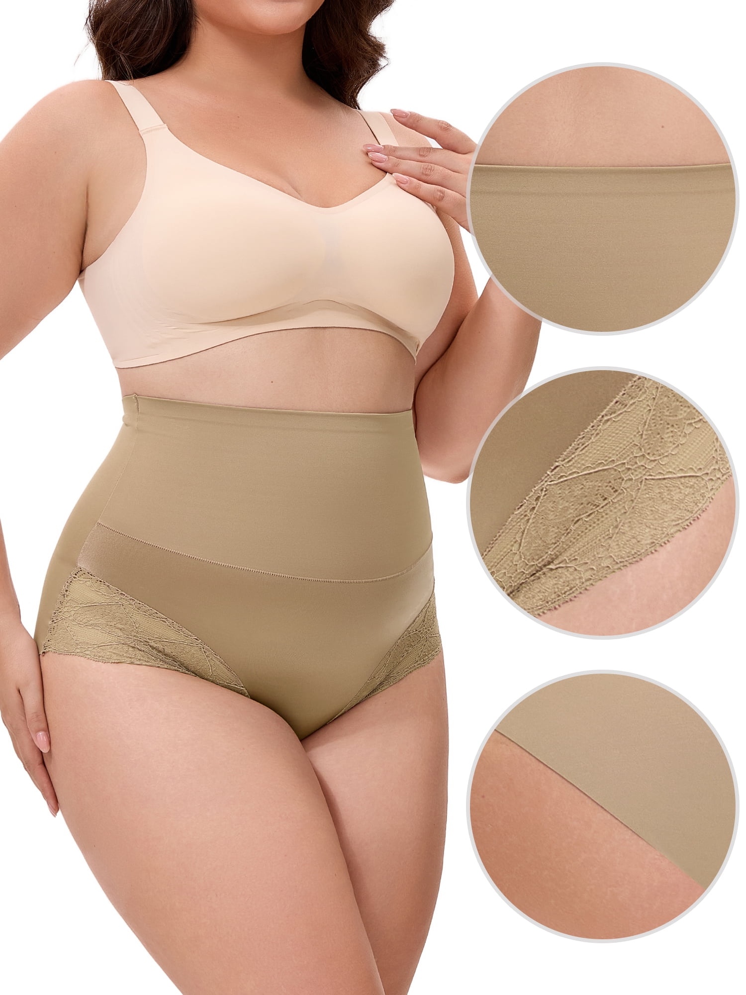 Unique Bargains Lace Trimmed High Waisted Tummy Briefs 2XL Light Brown
