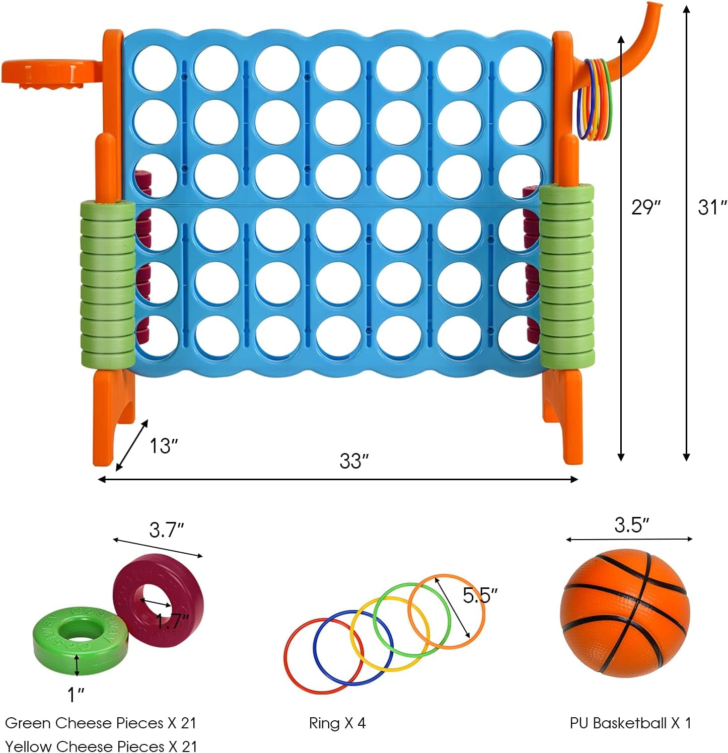 HJTER Jumbo 4-to-Score Giant Game Set for Kids & Adults, 2.5Ft Indoor Outdoor Game with Basketball Hoop, Ring Game, 42 Jumbo Rings, Quick-Release Slider, Perfect for Birth & Holiday Party