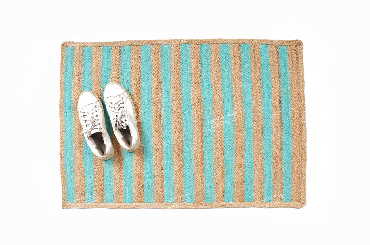 Rectangle Rug Natural Jute Rug Hand Braided Beige and Turquoise Color Area Rug