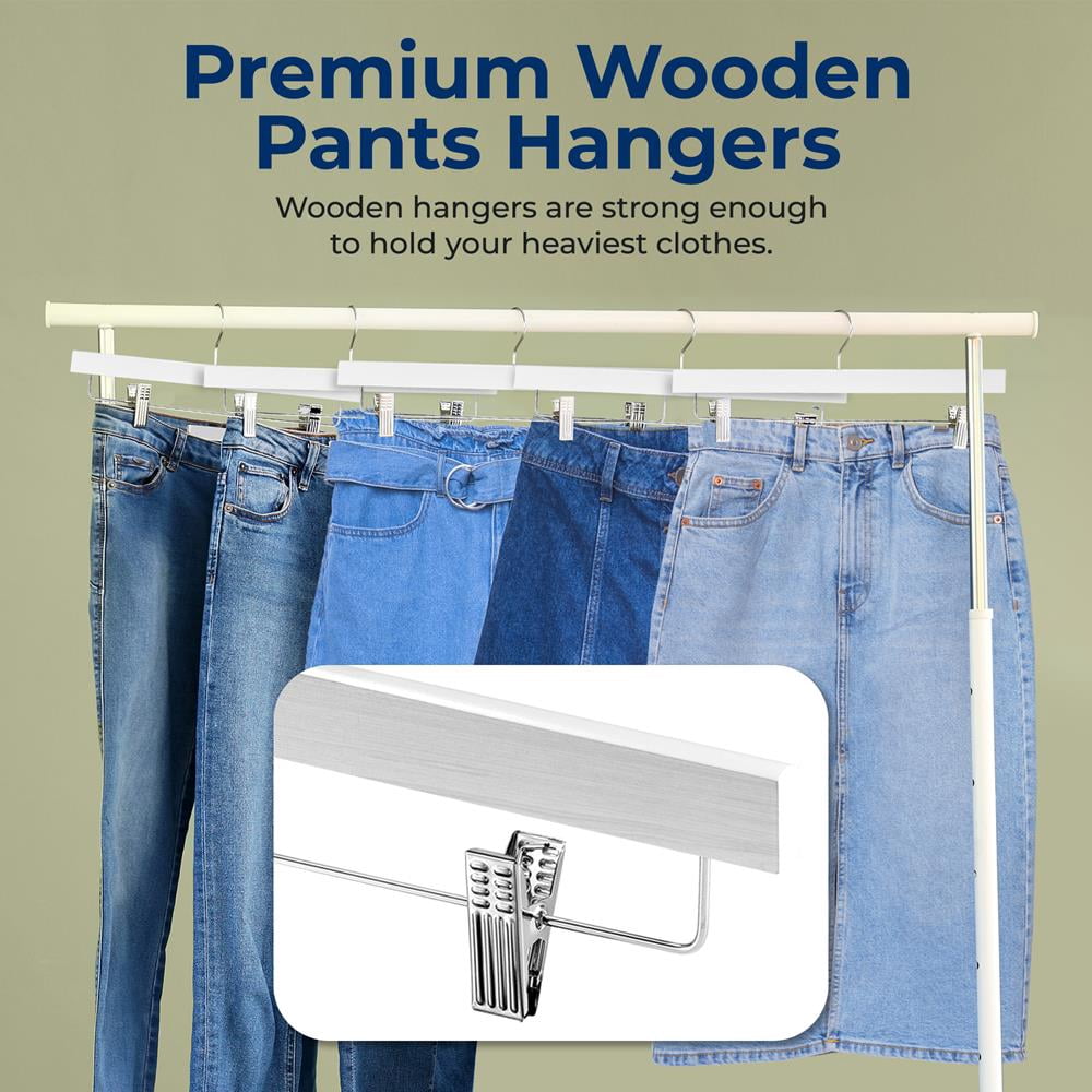 SereneLife 30-Pack Premium Wooden Pants Hangers – Heavy-Duty with Adjustable Clips & 360° Swivel Hook (White)