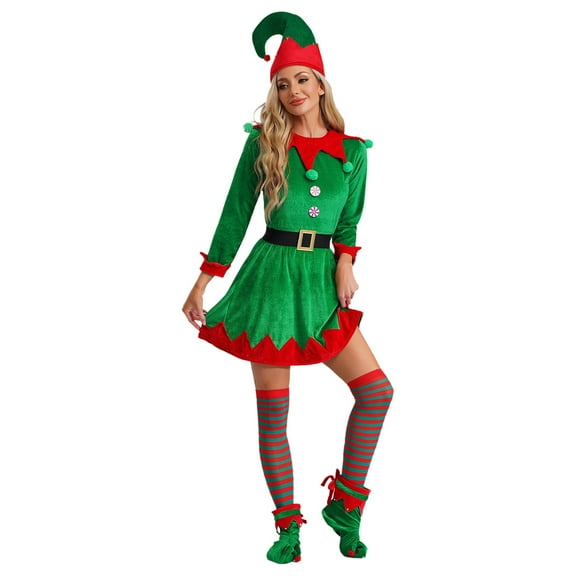 YiZYiF Womens 5Pcs Christmas Elf Velvet Dress Suit Xmas Holiday Party Santa Helper Costume Green S