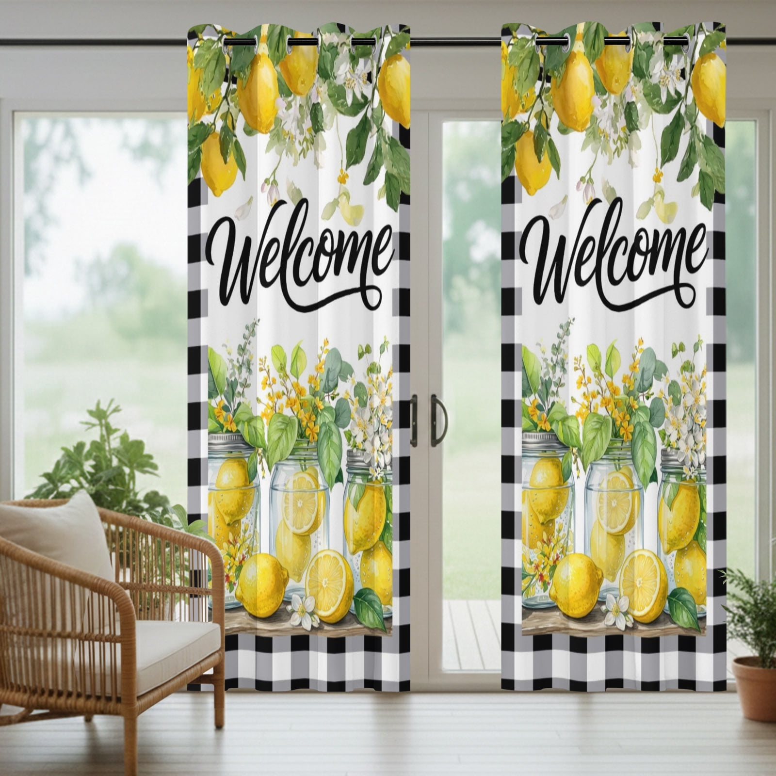 Yellow Lemons Outdoor Curtains for Patio, Welcome Summer Fruit Flower Botanical Black Plaid Sunshade Privacy Drapes Grommet Waterproof Outside Curtains for Porch/Cabana/Balcony 54"x 108", 1 Panel