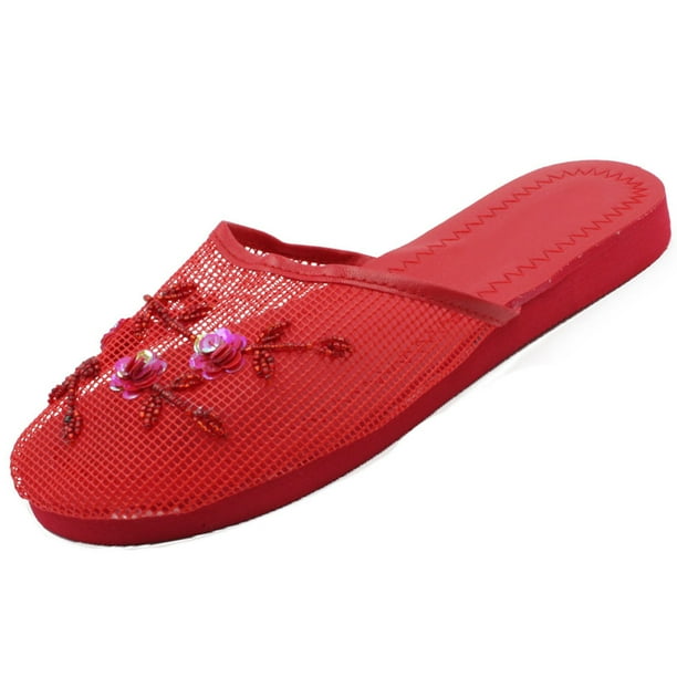 SNJ Women's Mesh Sequin Slide Beaded Chinese Floral Sandal Slipper