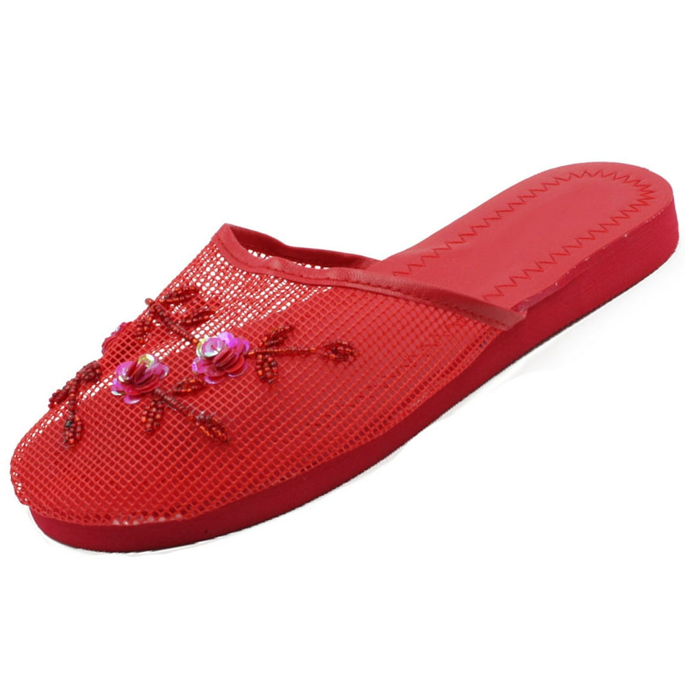 SNJ - Women's Mesh Sequin Slide Beaded Chinese Floral Sandal Slipper ...