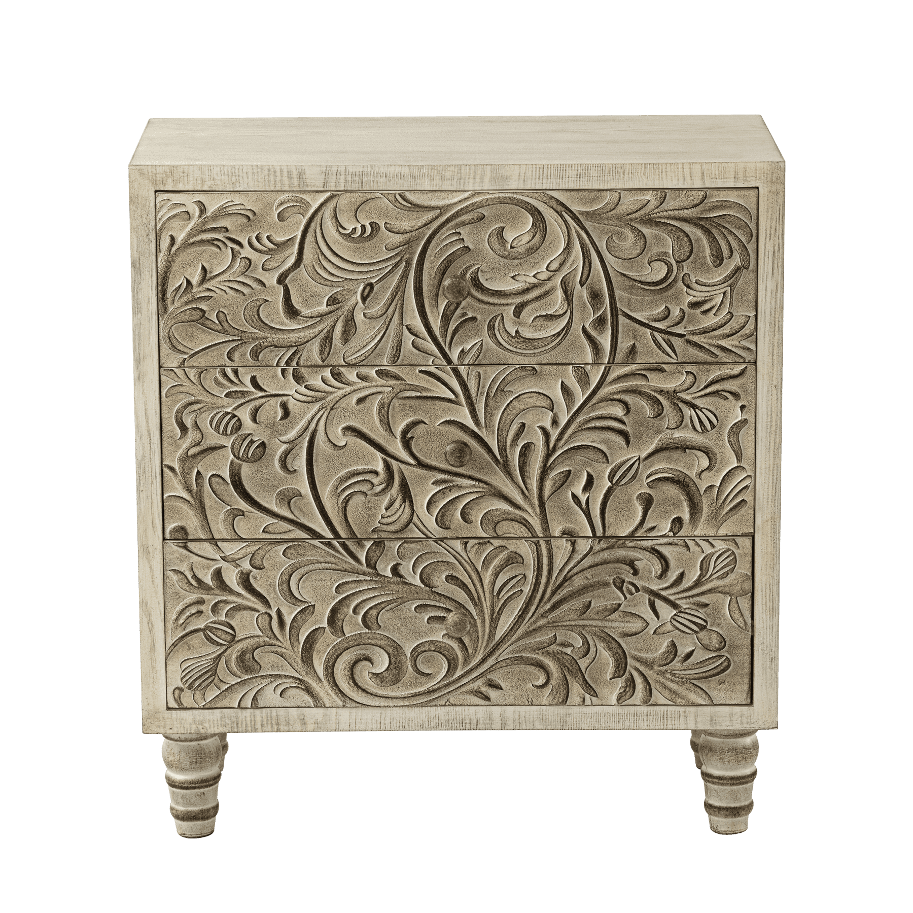 COZAYH 3 Drawer Farmhouse Dresser with Embossed Weathered Flower Motif, Vintage Nightstand for Living Room Bedroom, Almost Fully-Assembled, Boho, Weathered White