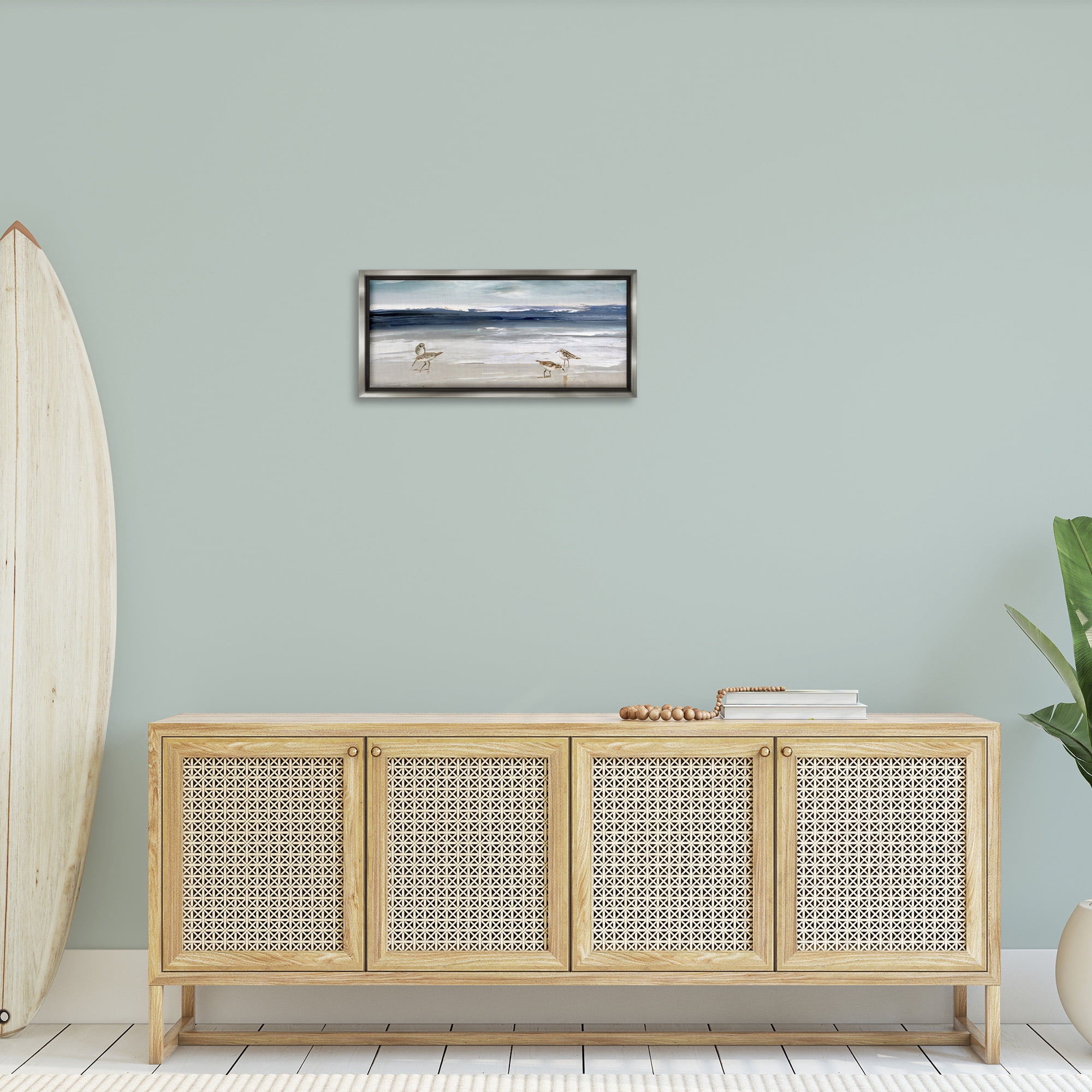 Stupell Industries Sandpipers Grazing Sea Shore Nature Painting Gray Floater Framed Canvas Art Print Wall Art, 25 x 11