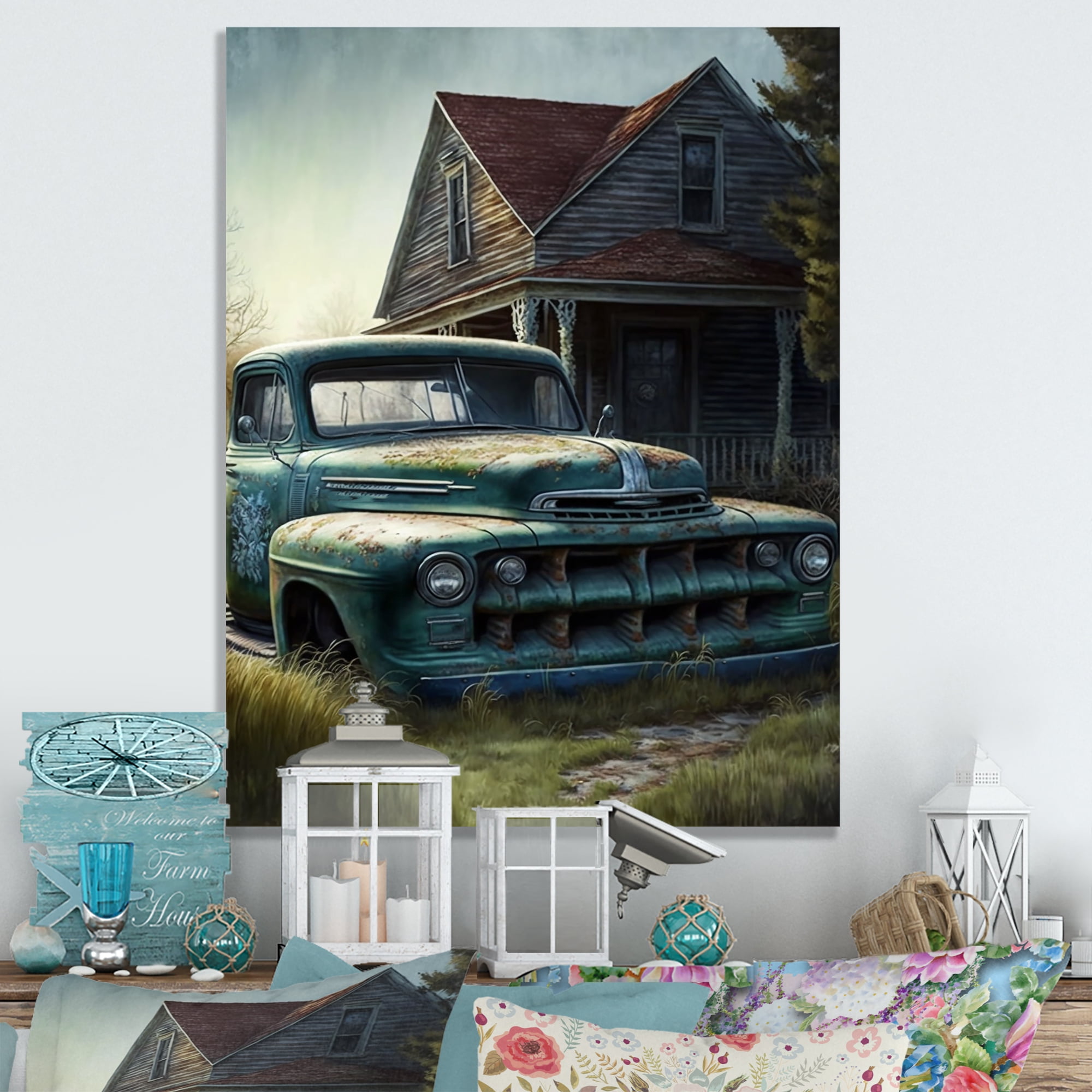 Designart Old American Truck In Barn II Canvas Wall Art
