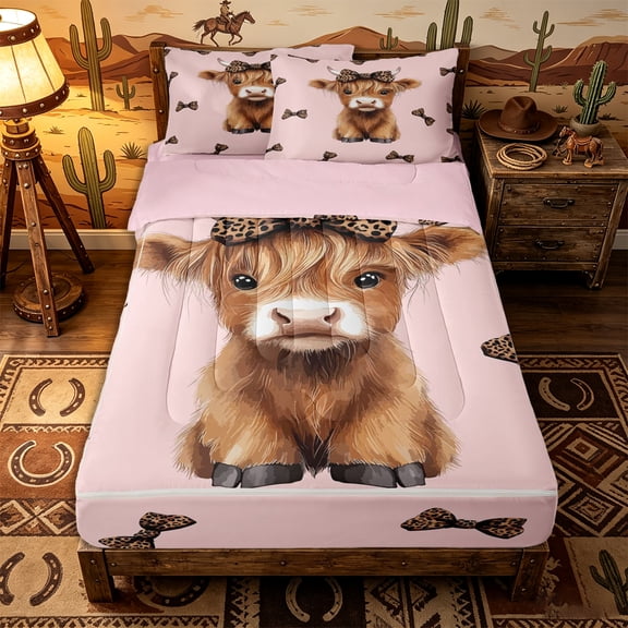 Erosebridal Kawaii Leopard Print Bow Zipper Twin Comforter Sets with Fitted Sheet and 2 Pillowcases,Farm Highland Cow Zipper Bedding Set,Pink Brown,Pink Reversible