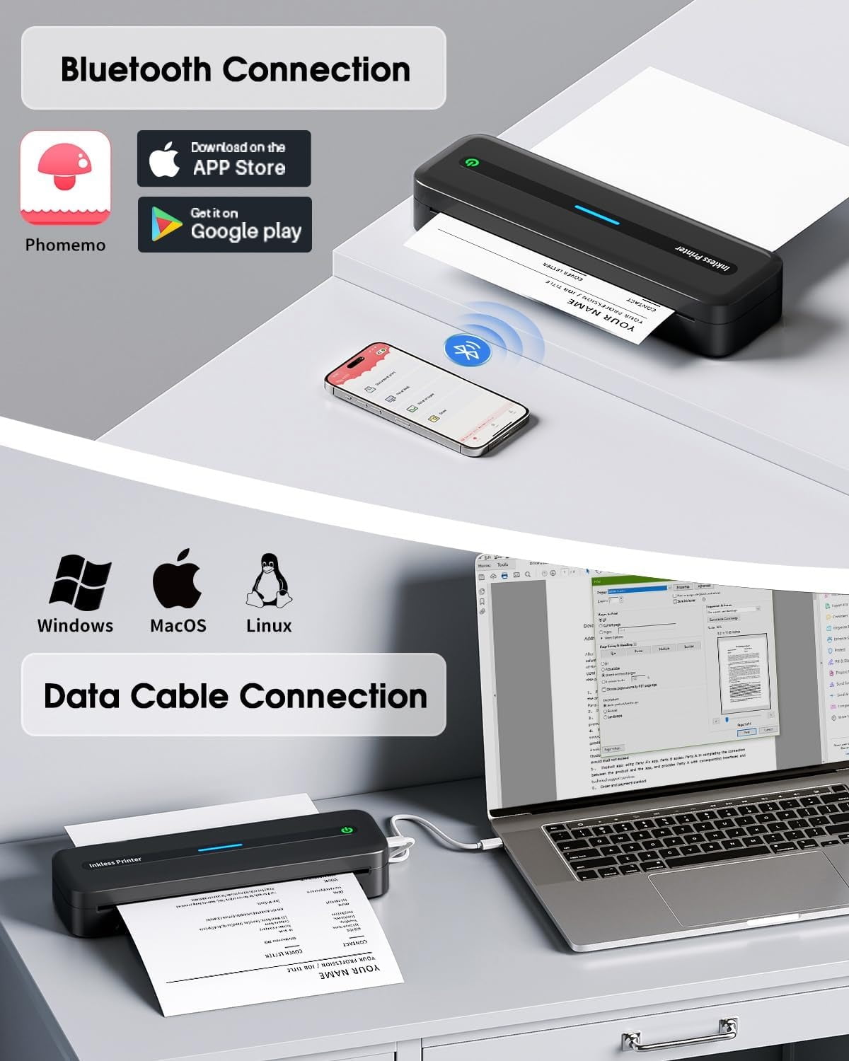 Portable Printers Wireless, M832 Bluetooth Thermal Printer, Inkless Mobile Printer Support 8.5'' x 11'' & A4 Thermal Paper, Compatible with iPhone Android Laptop for Office Car Home
