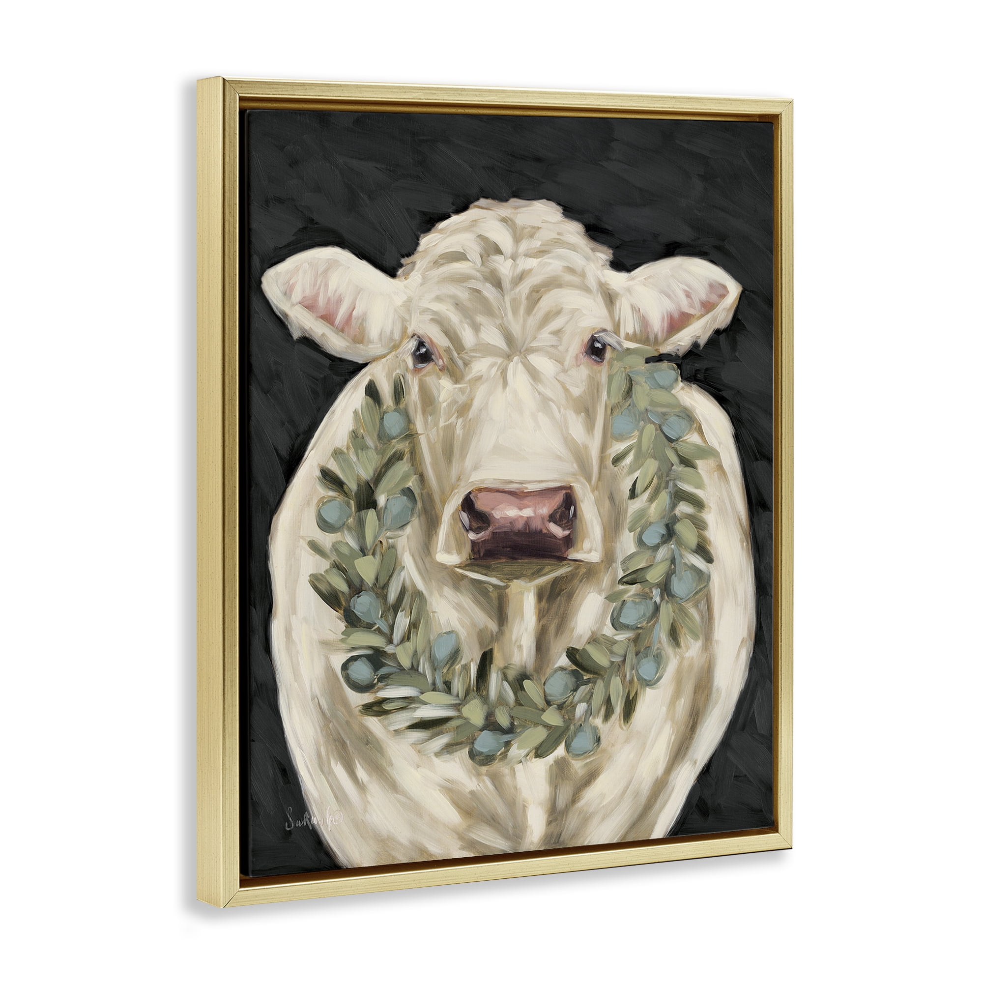 Stupell Industries Cow with Holiday Wreath Holiday Painting Gold Floater Framed Canvas Art Prints Wall Art, 17 x 21