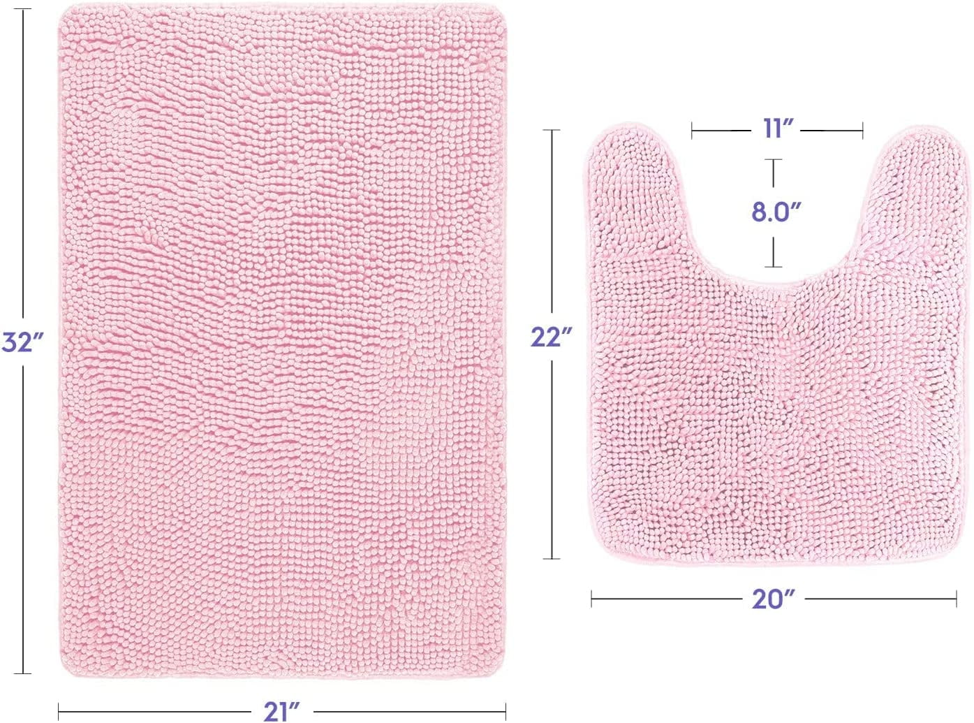 Bathroom Rugs, Extra-Thick Memory Foam Bath Mat, Ultra-Soft Chenille Microfiber, Highly Absorbent, Machine Washable, Shaggy Bath Mats for Bathroom, Circular Cutout (21x32 + 20x22, 2pcs) Lt Pink