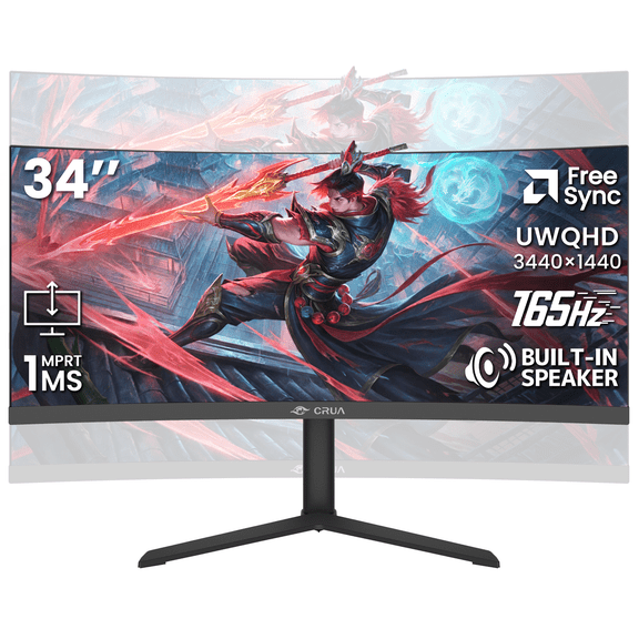 CRUA 34”165Hz Curved Ultrawide Gaming Monitor, 3440×1440 UWQHD, Height Adjustable Stand, Built-in Speakers, HDMI & DisplayPort, Black