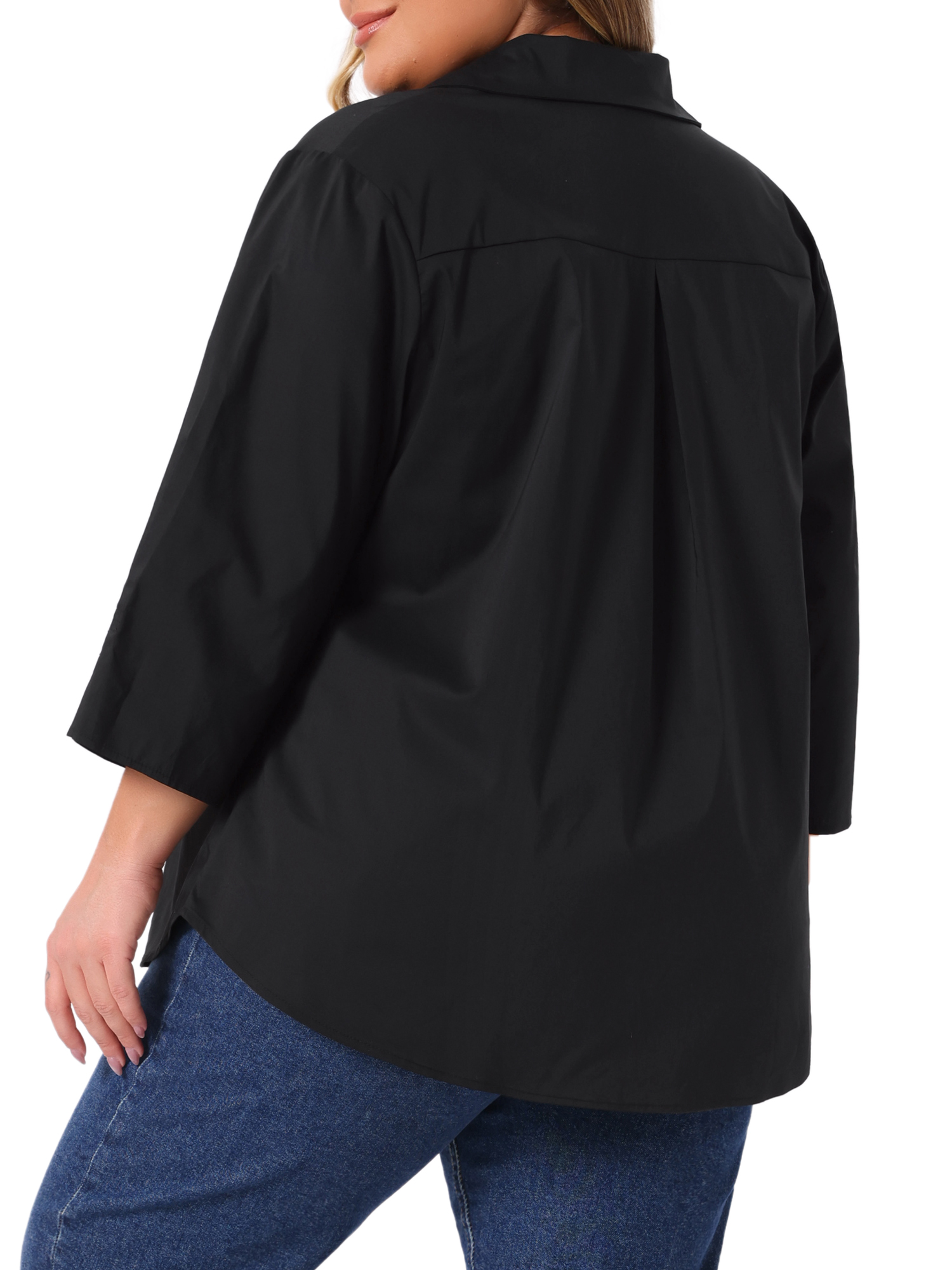 DARING DIVA Women's Plus Button Down Collar Pleated 3/4 Sleeve Casual Blouses 2X Black