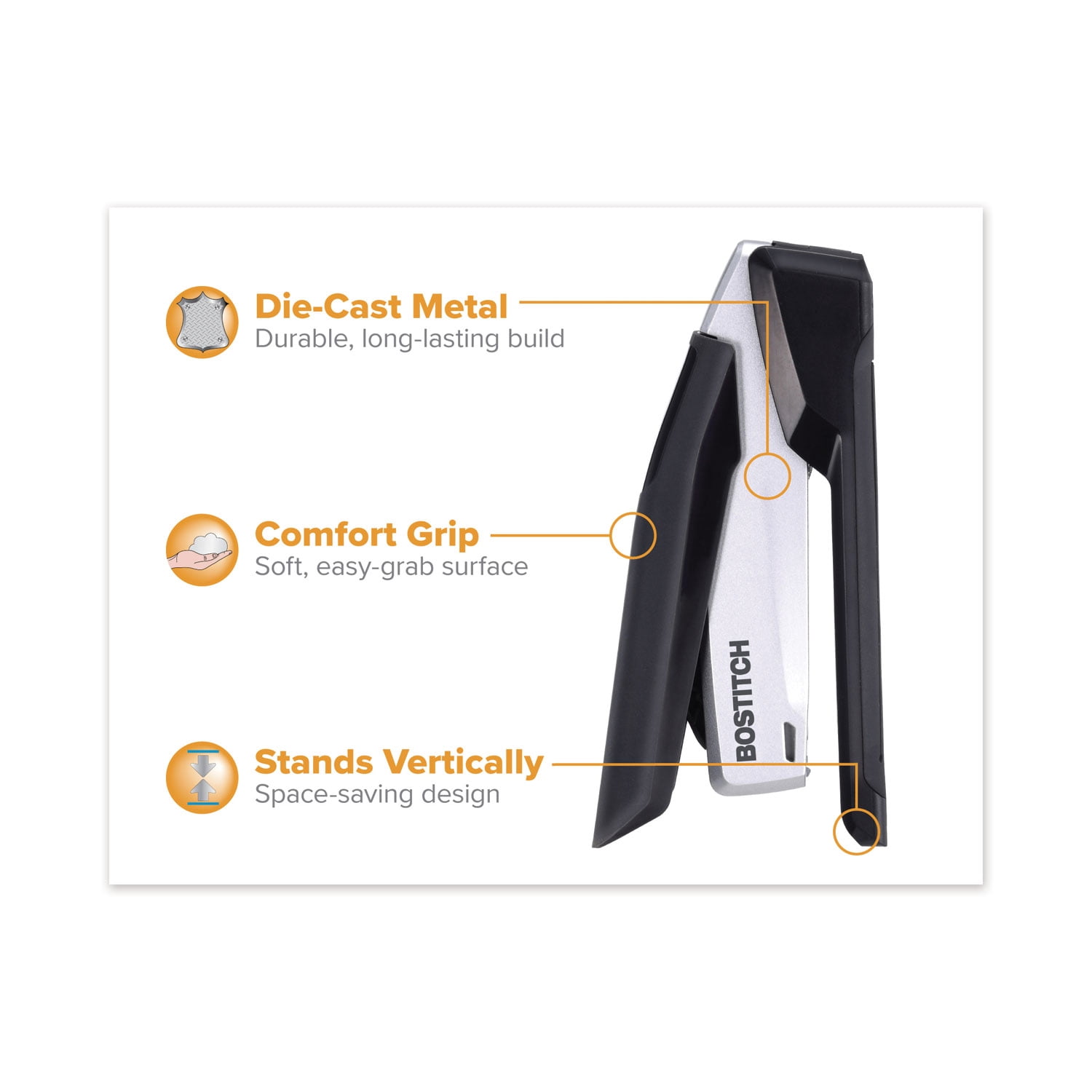 Stanley Bostitch Inpower Spring-Powered Premium Desktop Stapler, 28-Sheet Capacity, Black/Silver