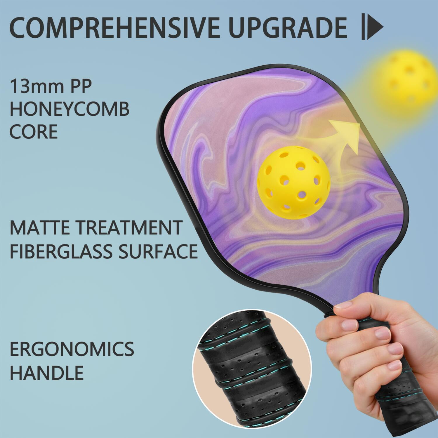 Pickleball Paddles Set Of 1, Fiberglass Surface, Liquid & Marble Print, 1 Paddles, 2 Balls & Bag