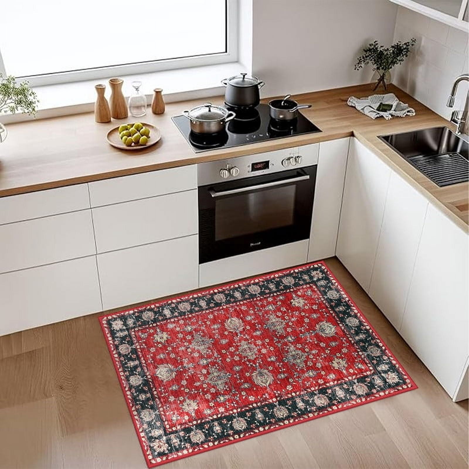 Jamfeel 2x3 Small Rugs Vintage Print Washable Door Mat Indoor Entrance Low Pile Rug for Living Room Entryway, Kitchen, Red