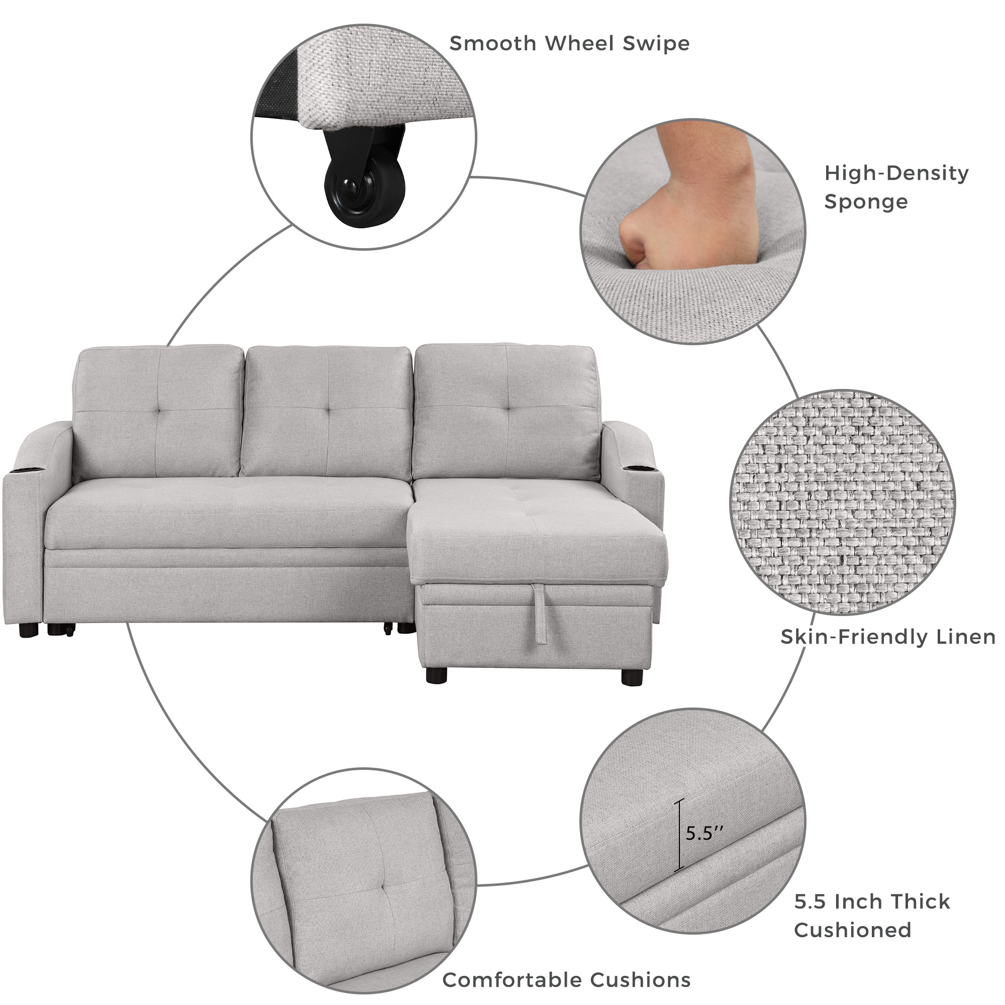 Aukfa Sofa Bed, Sleeper Sofa, 2 in 1 Pull Out Bed with Storage Chaise for Living Room, Linen, Gray