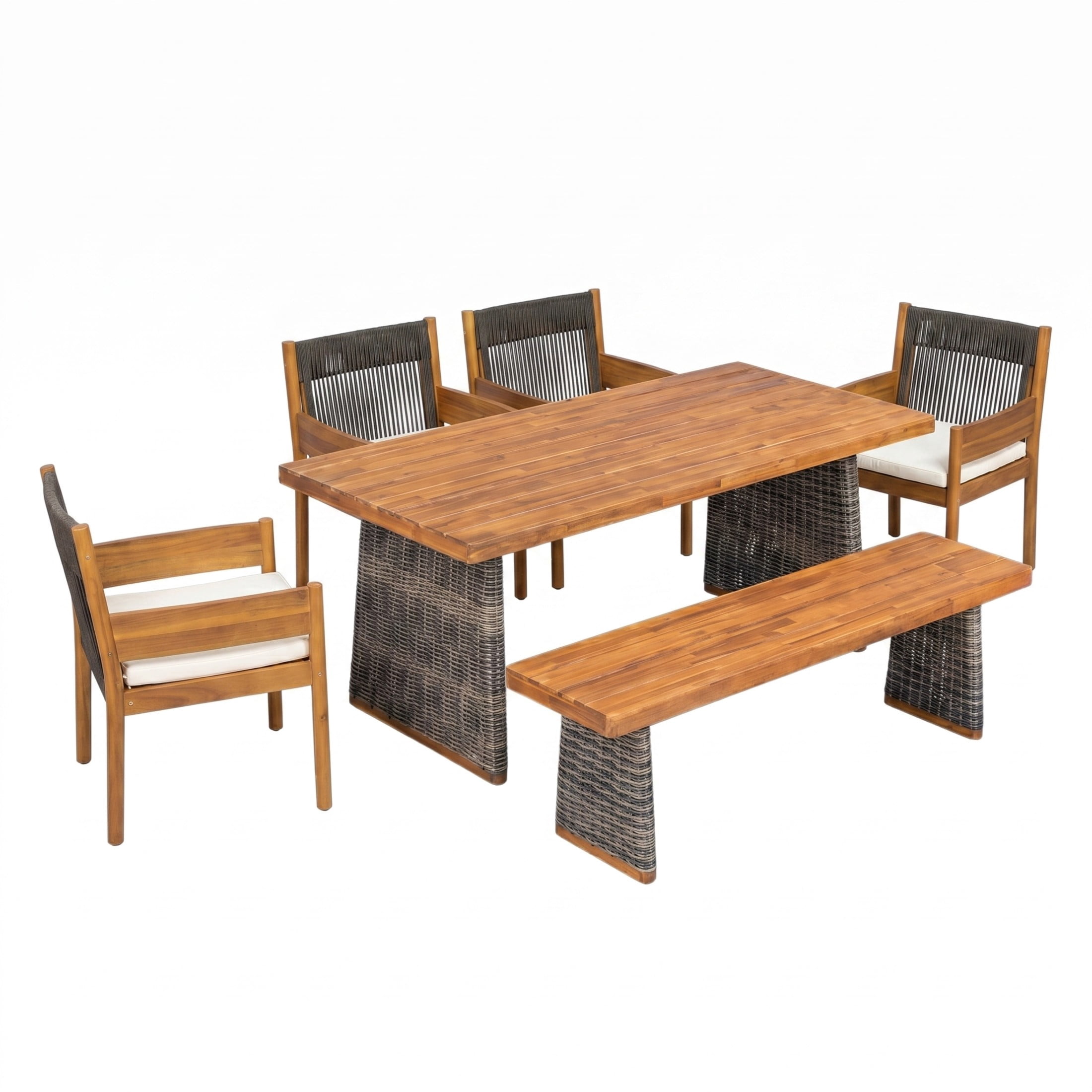 Christopher Knight Home 6-Piece Outdoor Wood Dining Set with Wicker Table, Bench and Rope Chairs, Teak+Black