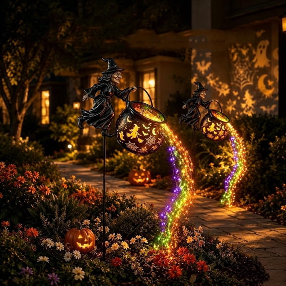 Halloween Cauldron Garden Stake Light, Flying Witch and Waterfall-Style Colorful LED Projection, Outdoor Yard Decoration for Lawn Patio Walkway, Spooky Party and Fall Seasonal Decor (2PCS)