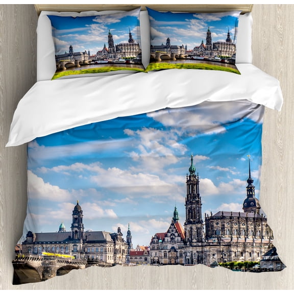 Cityscape Queen Size Duvet Cover Set, Ancient Town Dresden Old German Church Architecture Historical European Image, Decorative 3 Piece Bedding Set with 2 Pillow Shams, Grey Blue, by Ambesonne