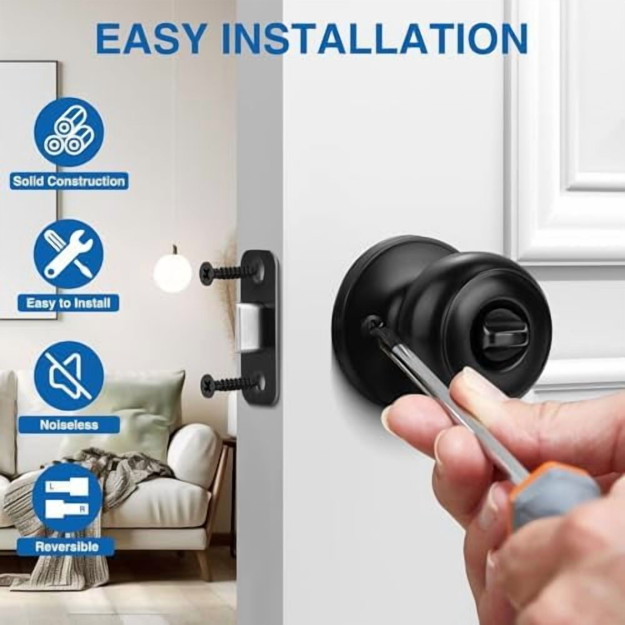 Privacy Door Knob, 5 Pack Matte Black Round Keyless Doorknobs Interior/Exterior Lockset, Privacy Locking Door Knobs for Bedroom/Bathroom, Black Modern Design Door Hardware