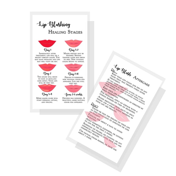 Boutique Marketing LLC Lip Blush Etapas de curación y cuidado posterior Tarjetas de instrucciones Paquete de 50 tarjetas de visita de doble cara, tamaño 2 x 3,5 pulgadas, diseño de labios, blanco, roj
