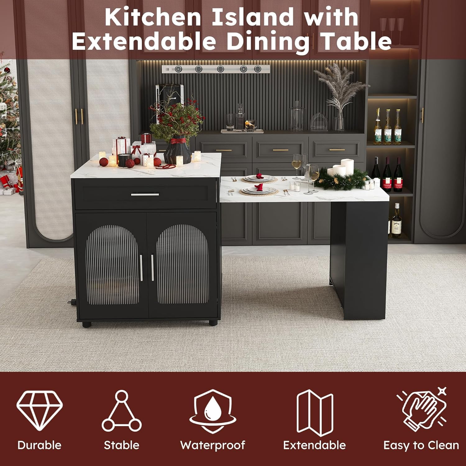 Montary 80" Expandable Kitchen Island with Extendable Table - Solid Wood Grain Countertop with Power Outlet & USB Ports, Mobile Cart with Double-Side Storage, Cabinet & Drawers (Black)