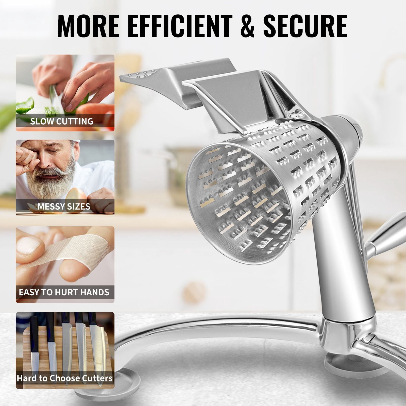 Rotary Cheese Grater with 5 Cutting Cones, 304 Stainless Steel, Suction Cup Base, 2.5L Bowl, for Vegetables Cheese Fruits