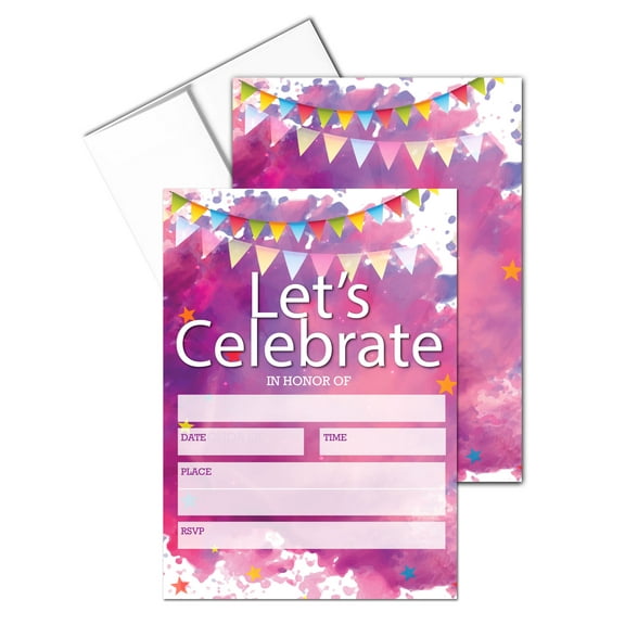 Let's Celebrate - Watercolor Fill-in Party Invitations With Envelopes - 25 Invit